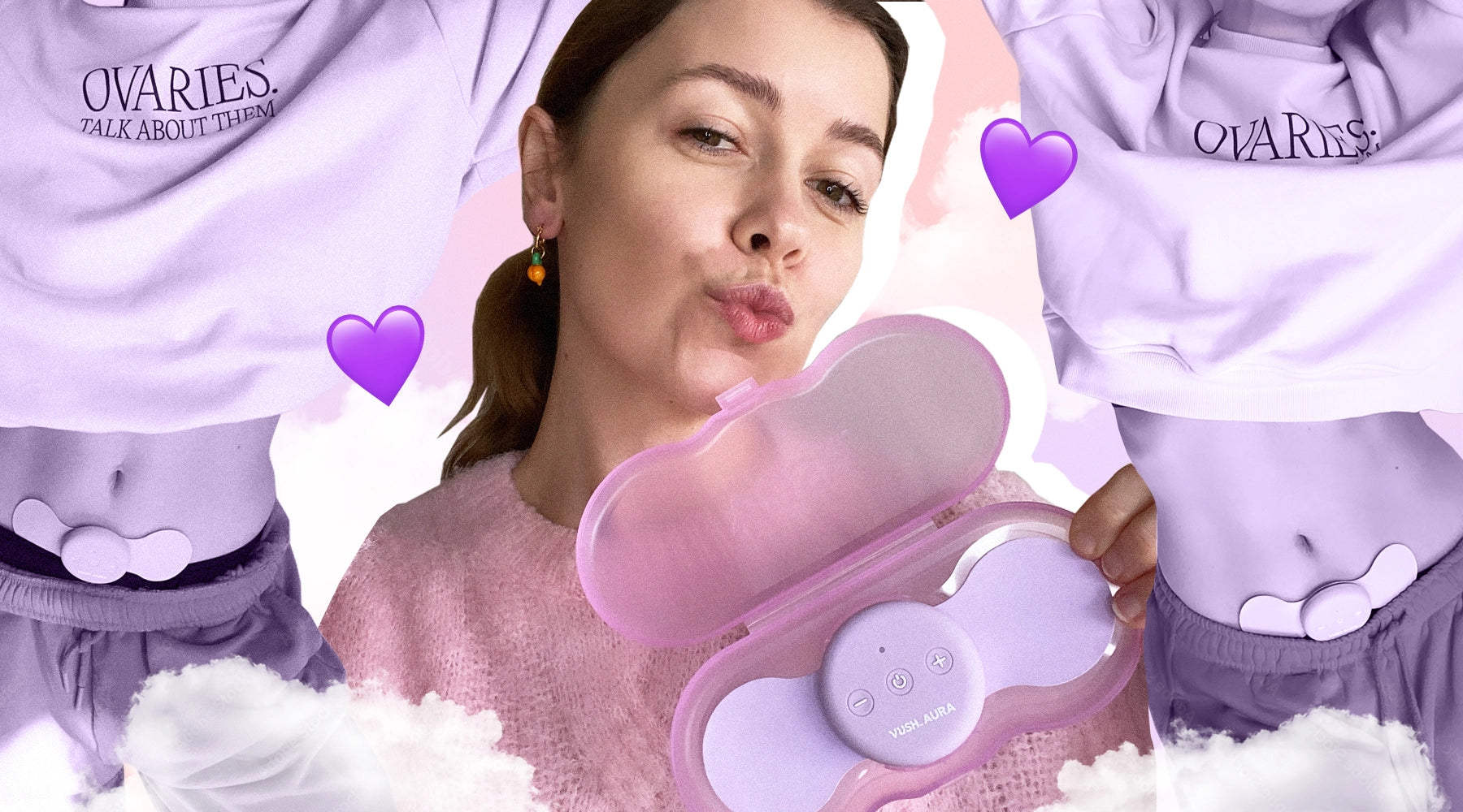 Graphic edit of Bridget Hustwaite pouting and holding purple Aura TENS machine